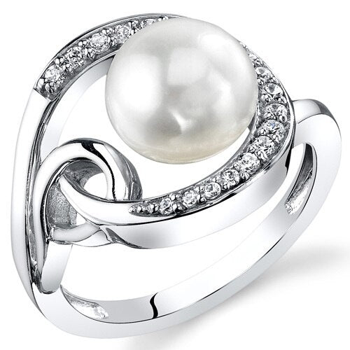 Freshwater Cultured 8.5mm White Pearl Open Swirl Ring Sterling Silver