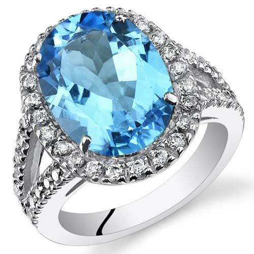 Swiss Blue Topaz Ring Sterling Silver Oval Shape 6.5 Carats