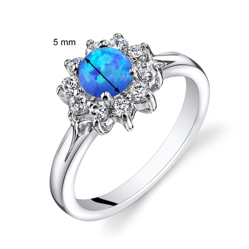 Blue Opal Daisy Ring Sterling Silver CZ Accent Sizes 5 to 9