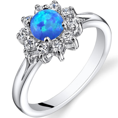 Blue Opal Daisy Ring Sterling Silver CZ Accent Sizes 5 to 9