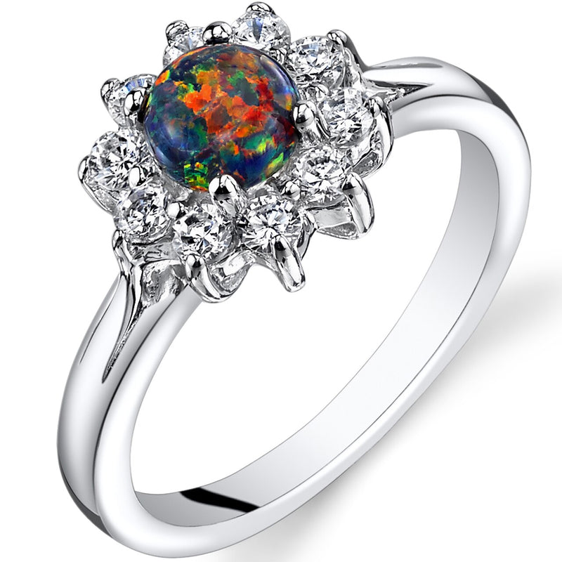 Black Opal Daisy Ring Sterling Silver CZ Accent Sizes 5 to 9