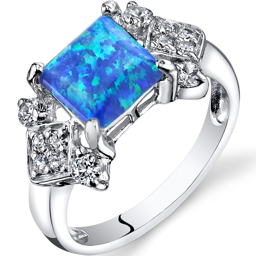 Blue Opal Majeste Ring Sterling Silver Princess Cut 1.00 Carats Sizes 5 to 9