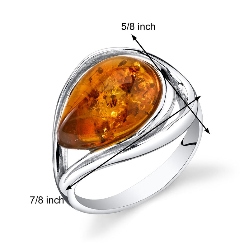Baltic Amber Tear Drop Ring Sterling Silver Cognac Sizes 5-9