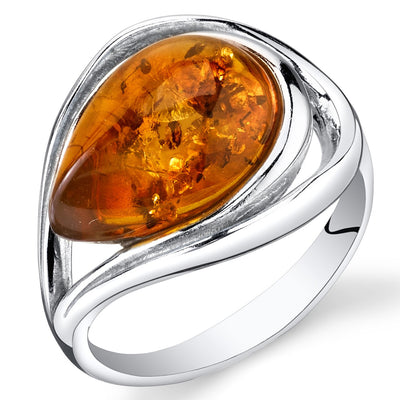 Baltic Amber Tear Drop Ring Sterling Silver Cognac Sizes 5-9