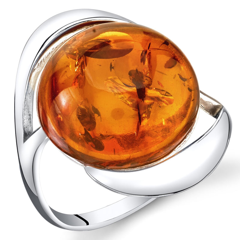 Amber Swirl Ring Sterling Silver Cognac Large Round Sizes 5-9