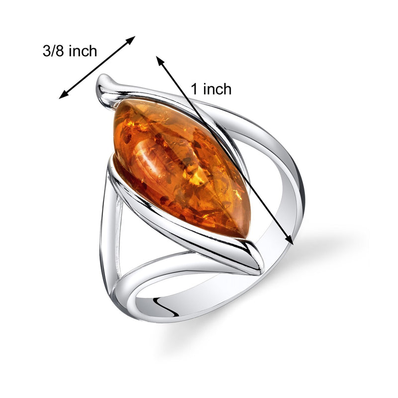 Baltic Amber Elliptical Ring Sterling Silver Cognac Sizes 5-9
