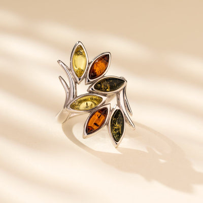 Baltic Amber Branch Ring Sterling Silver Multiple Colors Sizes 5-9
