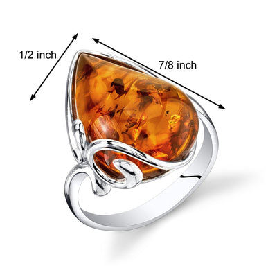 Baltic Amber Large Tear Drop Ring Sterling Silver Cognac Sizes 5-9