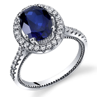 Created Blue Sapphire Halo Milgrain Ring Sterling Silver 2.75 Carats Sizes 5 to 9