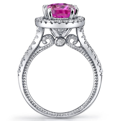 Created Pink Sapphire Halo Milgrain Ring Sterling Silver 2.50 Carats Sizes 5 to 9