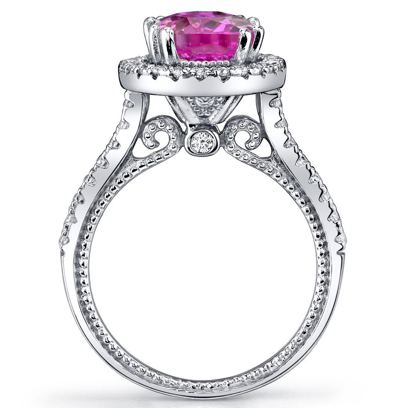 Created Pink Sapphire Halo Milgrain Ring Sterling Silver 2.50 Carats Sizes 5 to 9