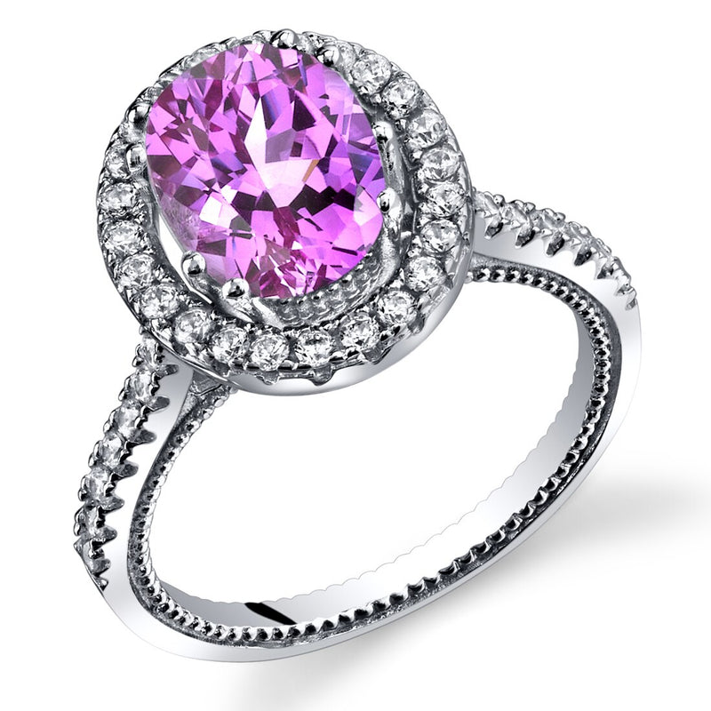 Created Pink Sapphire Halo Milgrain Ring Sterling Silver 2.50 Carats Sizes 5 to 9