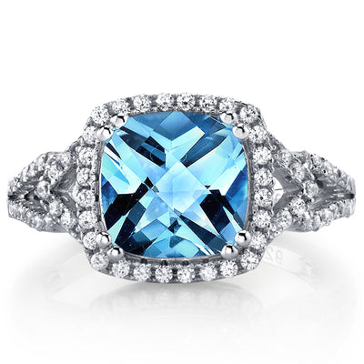 Swiss Blue Topaz Cushion Cut Checkerboard Ring Sterling Silver 2.25 Carats Sizes 5 to 9