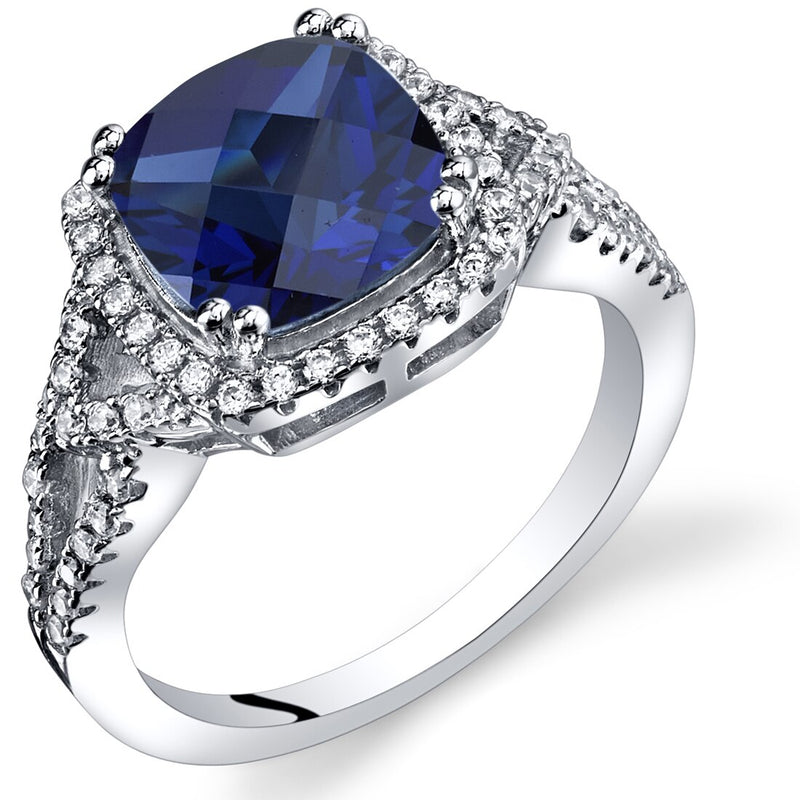 Created Sapphire Cushion Cut Checkerboard Ring Sterling Silver 3.00 Carats Sizes 5 to 9