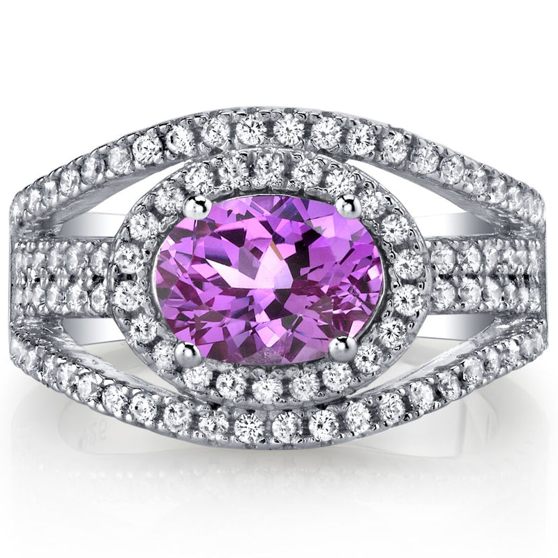 Created Pink Sapphire Lateral Halo Ring Sterling Silver 1.75 Carats Sizes 5 to 9