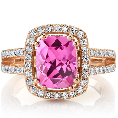 Created Pink Sapphire Rose Goldtone Halo Ring Sterling Silver 2.75 Carats Sizes 5 to 9
