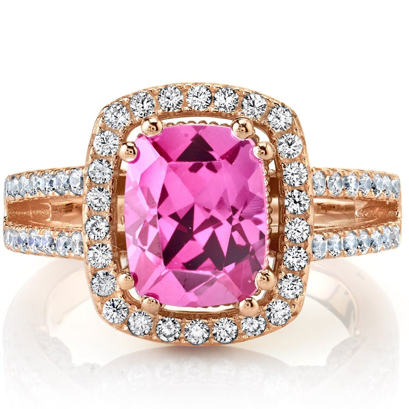 Created Pink Sapphire Rose Goldtone Halo Ring Sterling Silver 2.75 Carats Sizes 5 to 9