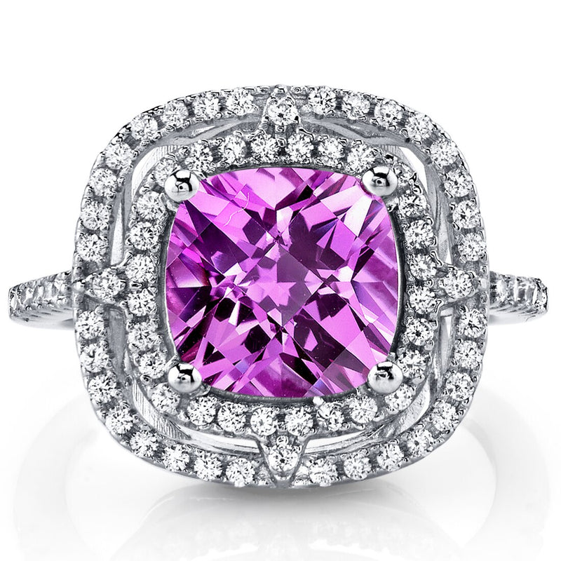 Created Pink Sapphire Cushion Cut Cocktail Ring Sterling Silver 3.00 Carats Sizes 5 to 9