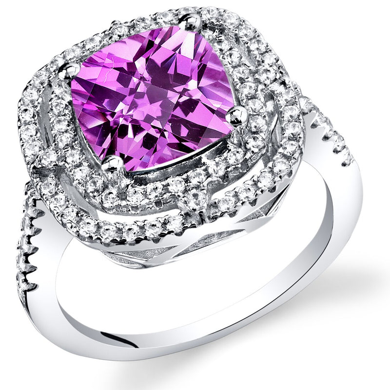 Created Pink Sapphire Cushion Cut Cocktail Ring Sterling Silver 3.00 Carats Sizes 5 to 9