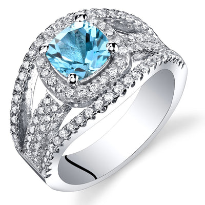 Swiss Blue Topaz Cushion Cut Pave Ring Sterling Silver 1.00 Carats Sizes 5 to 9