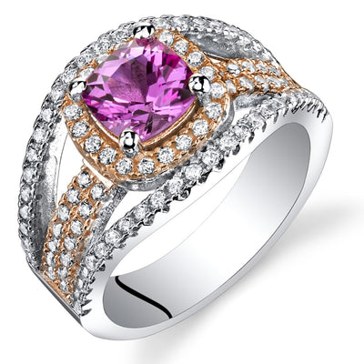 Created Pink Sapphire Cushion Cut Pave Rose Tone Ring Sterling Silver 1.25 Carats Sizes 5 to 9