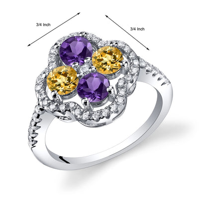 Amethyst and Citrine Clover Ring Sterling Silver Sizes 5 to 9