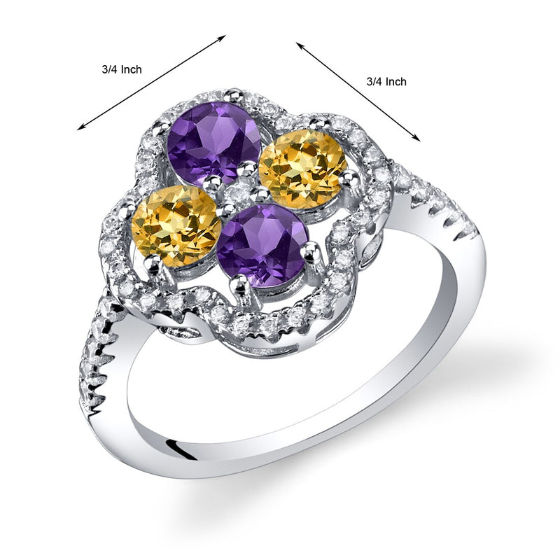 Amethyst and Citrine Clover Ring Sterling Silver Sizes 5 to 9