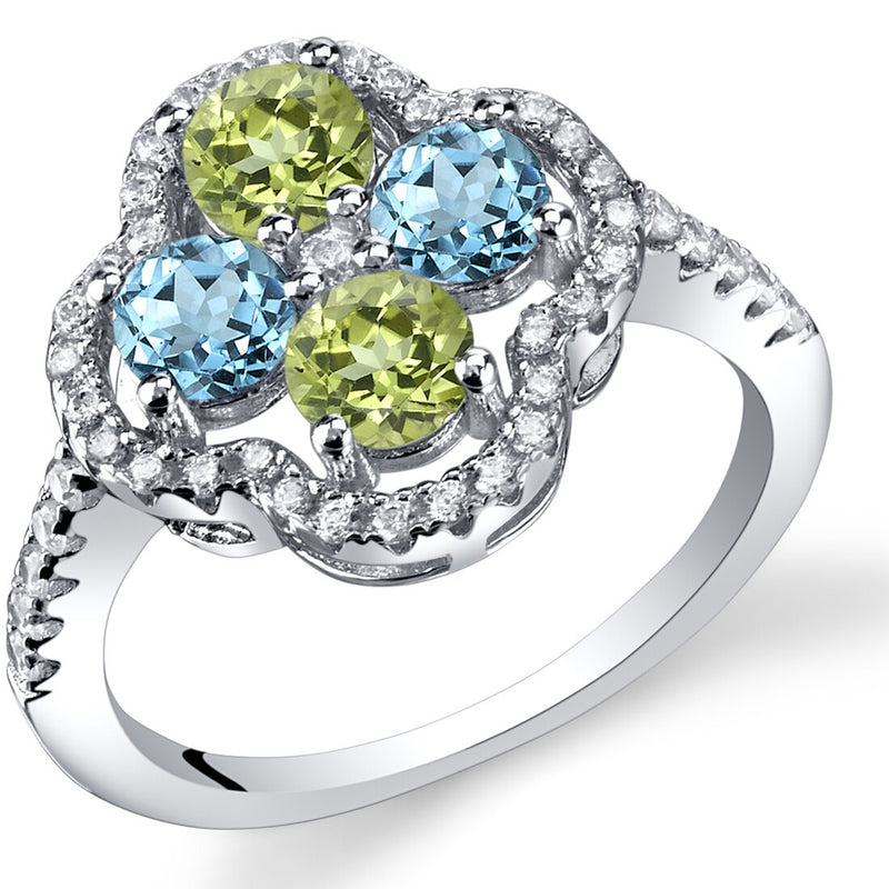 Swiss Blue Topaz and Peridot Clover Ring Sterling Silver Sizes 5 to 9