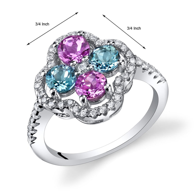 Created Pink Sapphire and Swiss Blue Topaz Clover Ring Sterling Silver Sizes 5 to 9