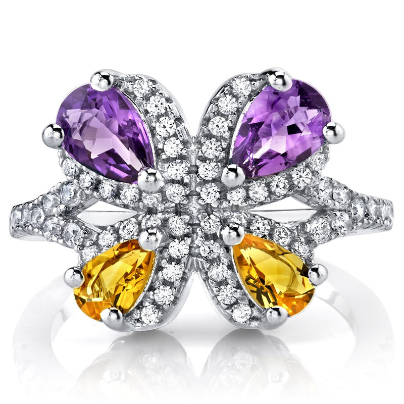 Amethyst and Citrine Butterfly Ring Sterling Silver 1.00 Carats Sizes 5 to 9