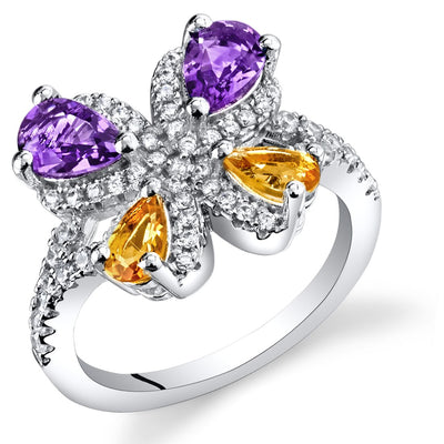 Amethyst and Citrine Butterfly Ring Sterling Silver 1.00 Carats Sizes 5 to 9