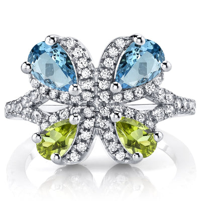 Swiss Blue Topaz and Peridot Butterfly Ring Sterling Silver 1.50 Carats Sizes 5 to 9