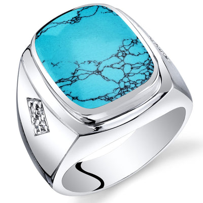 Mens Cushion Cut Simulated Turquoise Knight Ring Sterling Silver Sizes 8 To 13