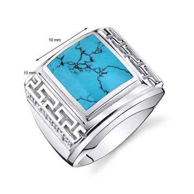 Mens Greek Key Simulated Turquoise Chunky Ring Sterling Silver Sizes 8 To 13