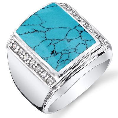 Mens Simulated Turquoise Aston 925 Sterling Silver CZ Ring Sizes 8 To 13