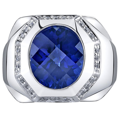 Mens 6 Carats Created Blue Sapphire Octagon Ring Sterling Silver Sizes 8 to 13