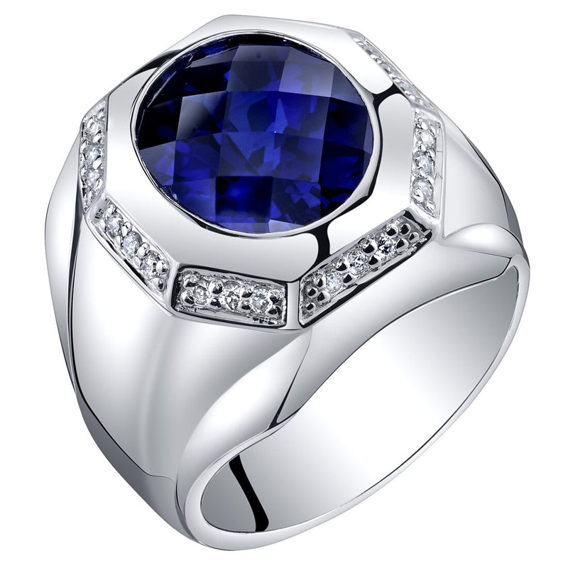 Mens 6 Carats Created Blue Sapphire Octagon Ring Sterling Silver Sizes 8 to 13