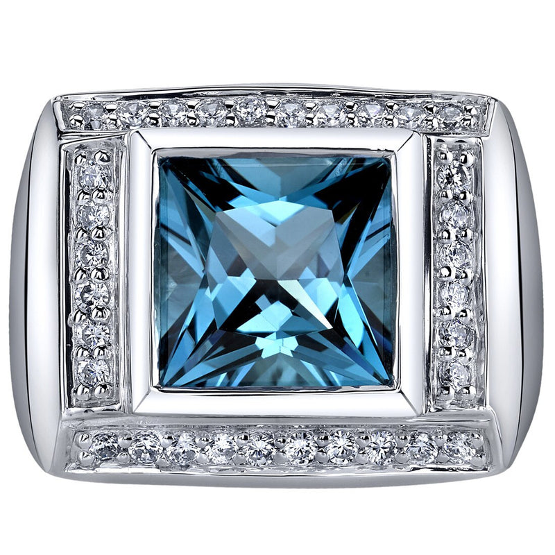 Mens 5 Carats London Blue Topaz Ring Sterling Silver Princess Cut Sizes 8 to 13