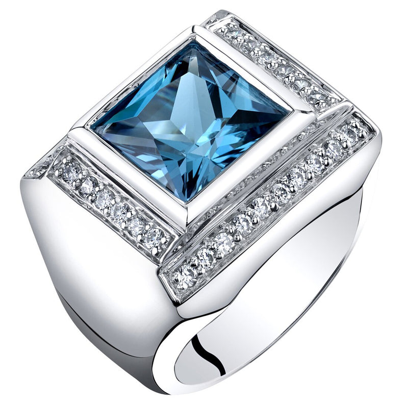 Mens 5 Carats London Blue Topaz Ring Sterling Silver Princess Cut Sizes 8 to 13