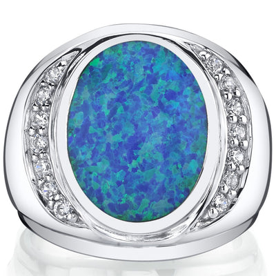 Men's Created Blue Opal Godfather Ring Sterling Silver Sizes 8 to 13