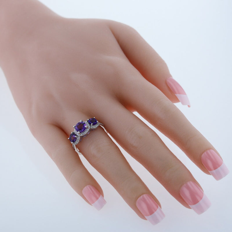 Amethyst Sterling Silver 3 Stone Halo Ring 1 Carat Sizes 5 to 9