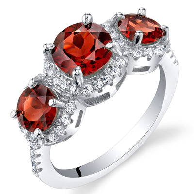 Garnet Sterling Silver 3 Stone Halo Ring 1.25 Carats Sizes 5 to 9