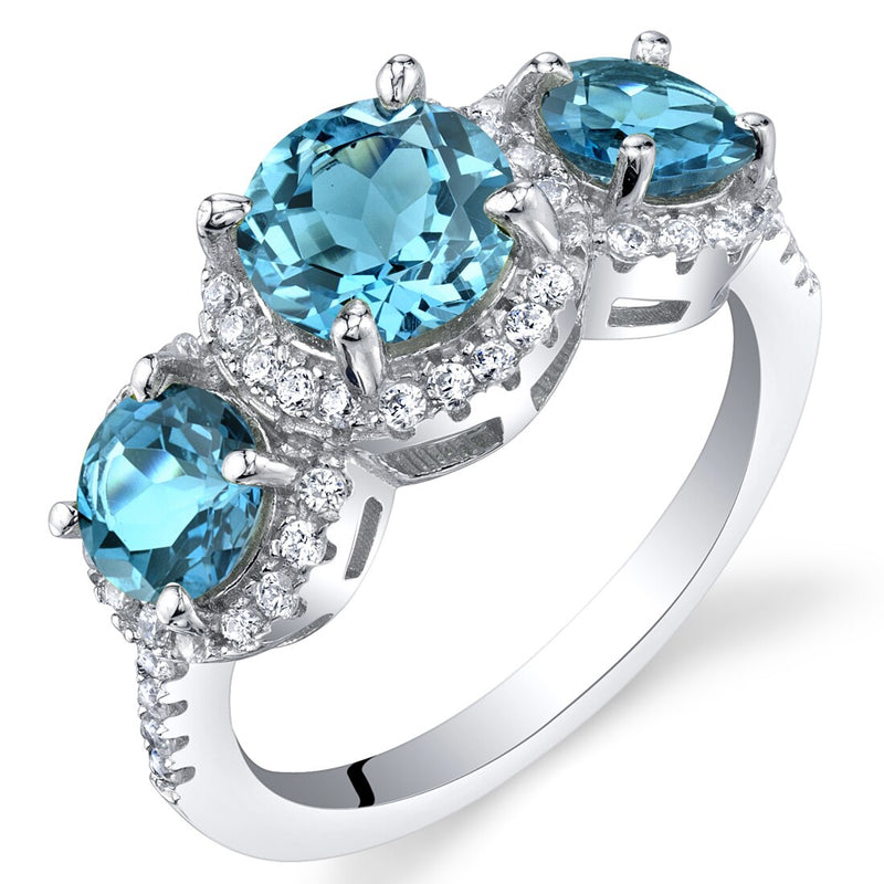 London Blue Topaz Sterling Silver 3 Stone Halo Ring 1.50 Carats Sizes 5 to 9
