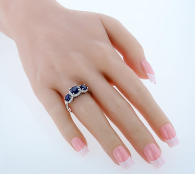 Created Blue Sapphire Sterling Silver 3 Stone Halo Ring 1.50 Carats Sizes 5 to 9