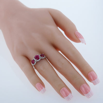 Created Ruby Sterling Silver 3 Stone Halo Ring 1.50 Carats Sizes 5 to 9