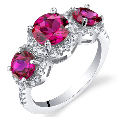 Created Ruby Sterling Silver 3 Stone Halo Ring 1.50 Carats Sizes 5 to 9