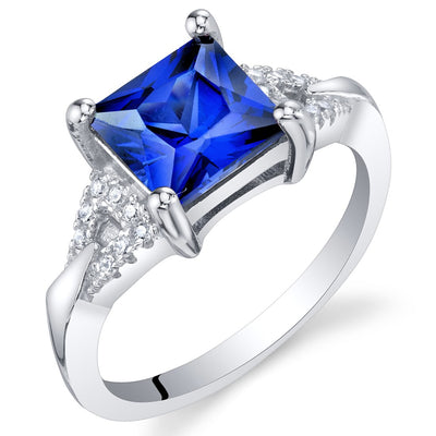 Created Blue Sapphire Sterling Silver Sweetheart Ring 2 Carats Sizes 5 to 9