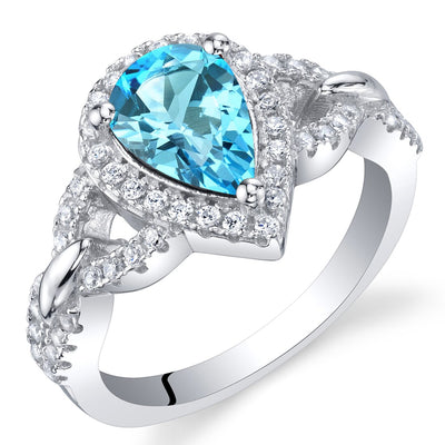 Pear Shape Swiss Blue Topaz Halo Crest Ring Sterling Silver 1.50 Carats