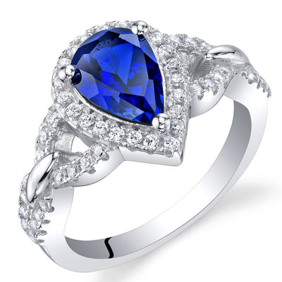 Pear Shape Blue Sapphire Halo Crest Ring Sterling Silver 1.75 Carats