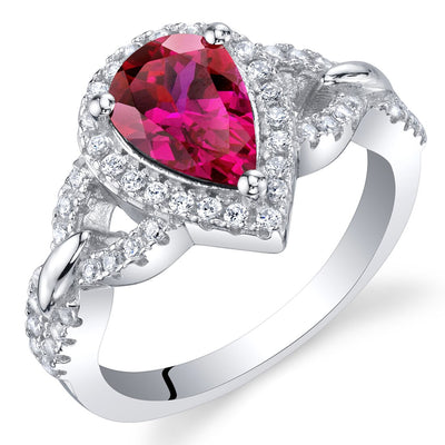 Pear Shape Ruby Halo Crest Ring Sterling Silver 1.75 Carats